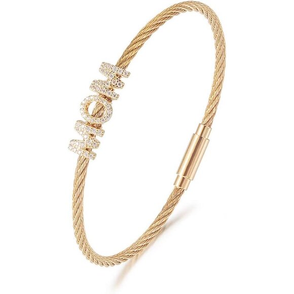 Gold Stainless Steel Cable Wire Bangle for Women with Cubic Zirconia - Stylish M - Picture 1 of 7